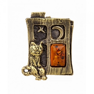 Кулон из янтаря в бронзе 25-32 мм - кот в окошке