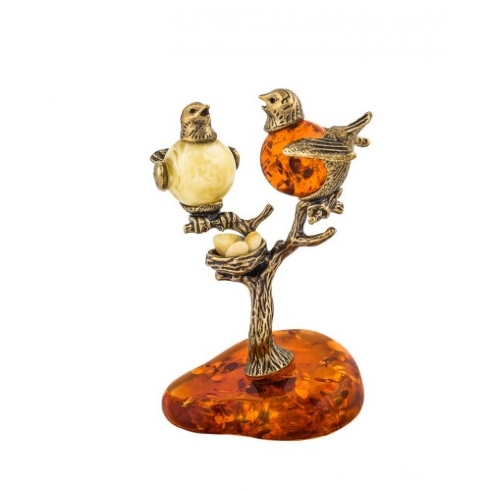 Фигурка с янтарем в бронзе - Птички на дереве - 55х62 мм