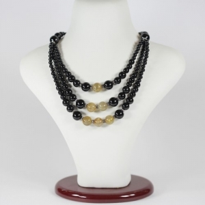 Ожерелье из волосатика (волосы Венеры) и агата черного (тройная нить) - Одетта - 56 см
