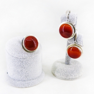 Комплект из сердолика в серебре - серьги, кольцо
